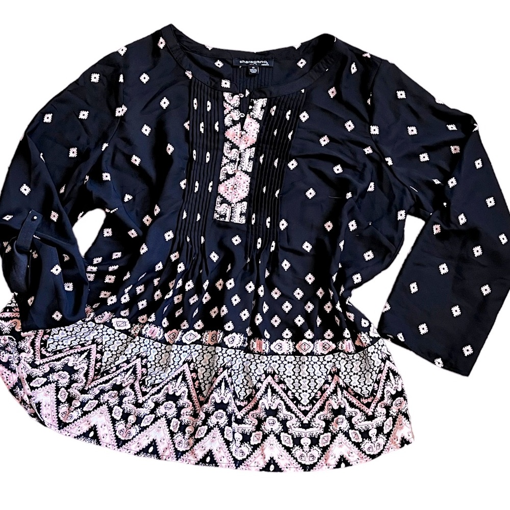Sharagano Bohemian Black & Pink Georgette Tunic Blouse 2x